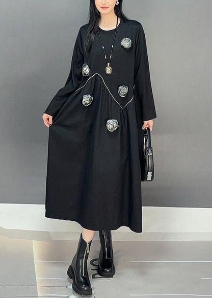 Loose Black O Neck Patchwork Cotton Dress Fall