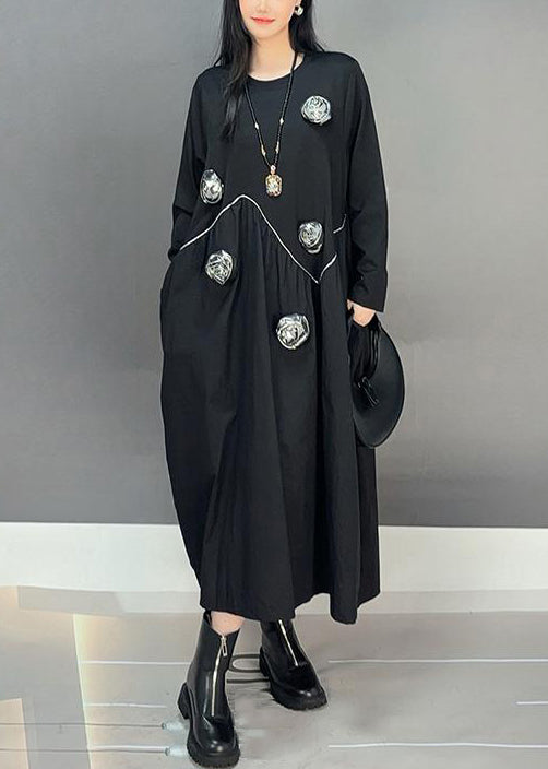 Loose Black O Neck Patchwork Cotton Dress Fall