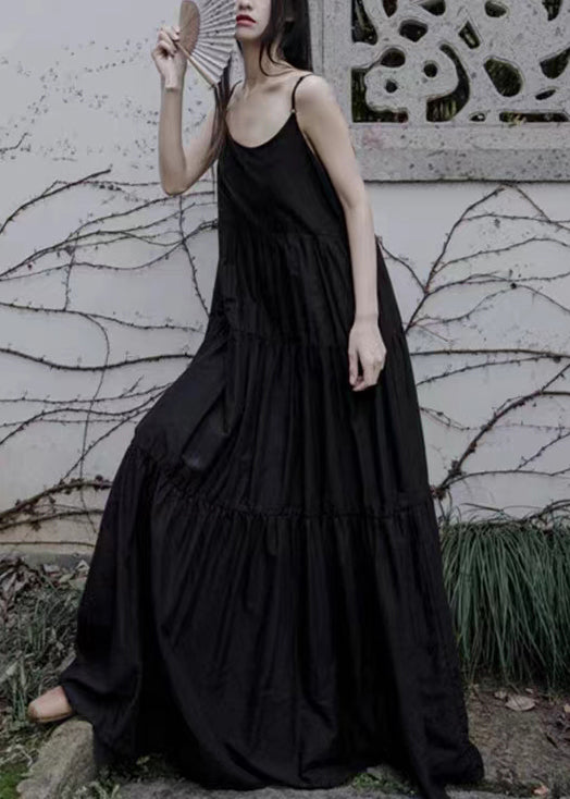 Loose Black O-neck Wrinkled Patchwork Cotton Spaghetti Strap Dress Sleeveless
