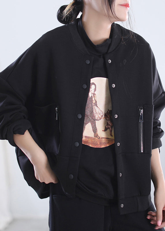 Loose Black O-neck Zippered Button Pockets Cotton Coats Long Sleeve