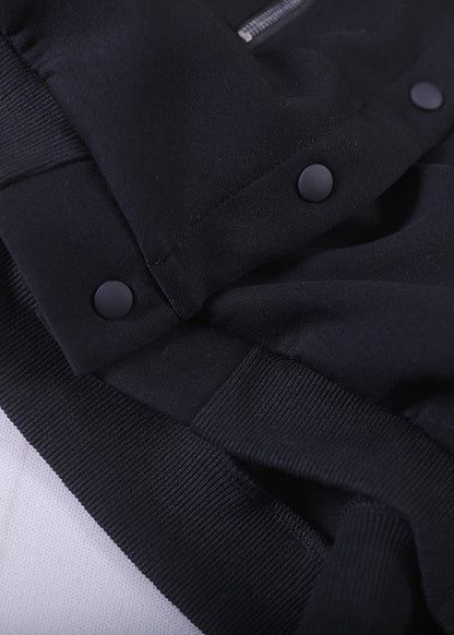 Loose Black O-neck Zippered Button Pockets Cotton Coats Long Sleeve
