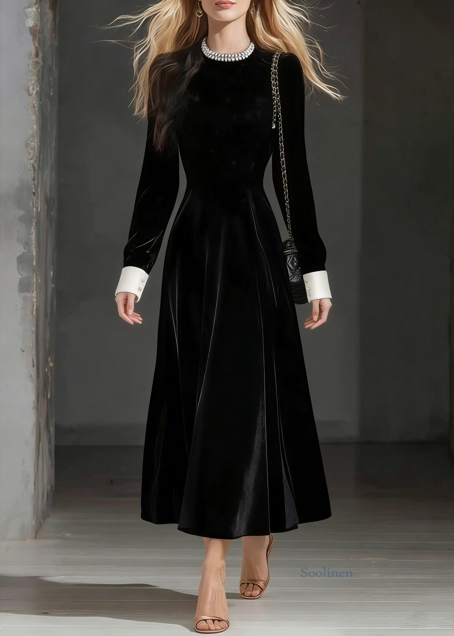Loose Black O-neck Zircon Silk Velvet Party Dress Spring