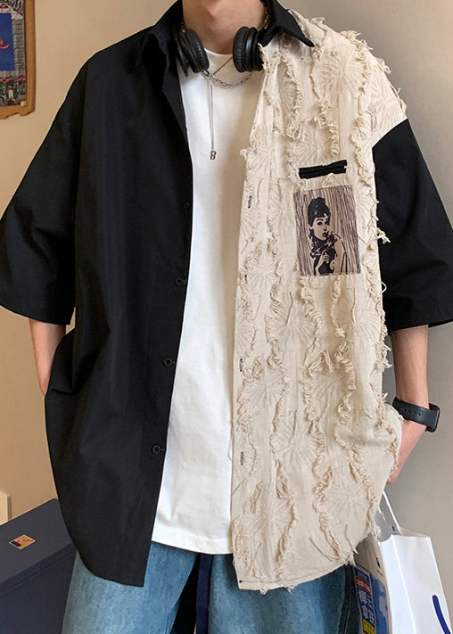 Loose Black Original Design Patchwork Cotton Shirts Half Sleeve