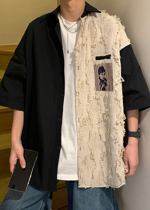 Loose Black Original Design Patchwork Cotton Shirts Half Sleeve