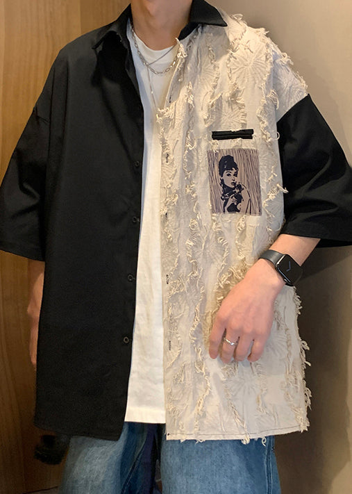 Loose Black Original Design Patchwork Cotton Shirts Half Sleeve