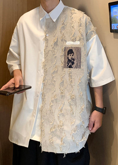 Loose Black Original Design Patchwork Cotton Shirts Half Sleeve