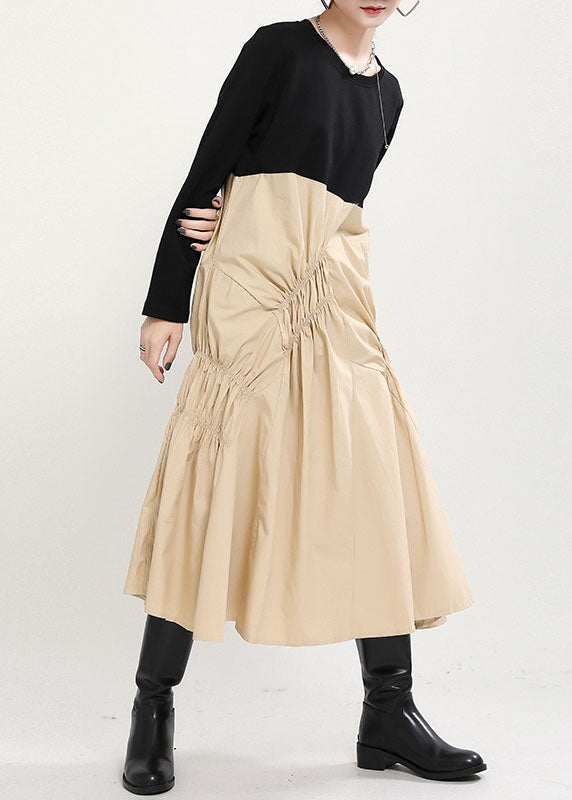 Loose Black Patchwork Khaki Wrinkled Fall Maxi Dress Long Sleeve