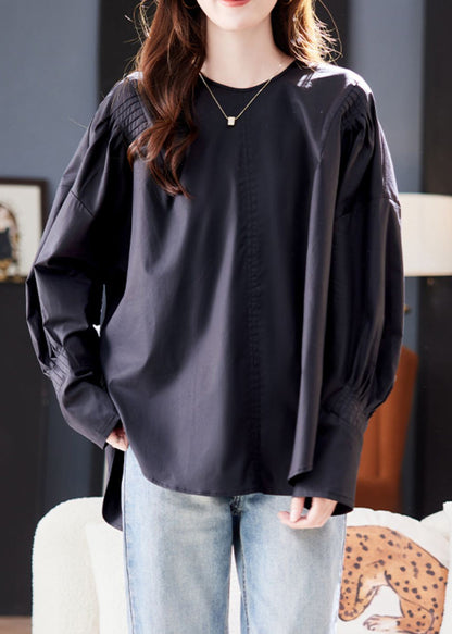Loose Black Patchwork Low High Design Cotton Top Spring