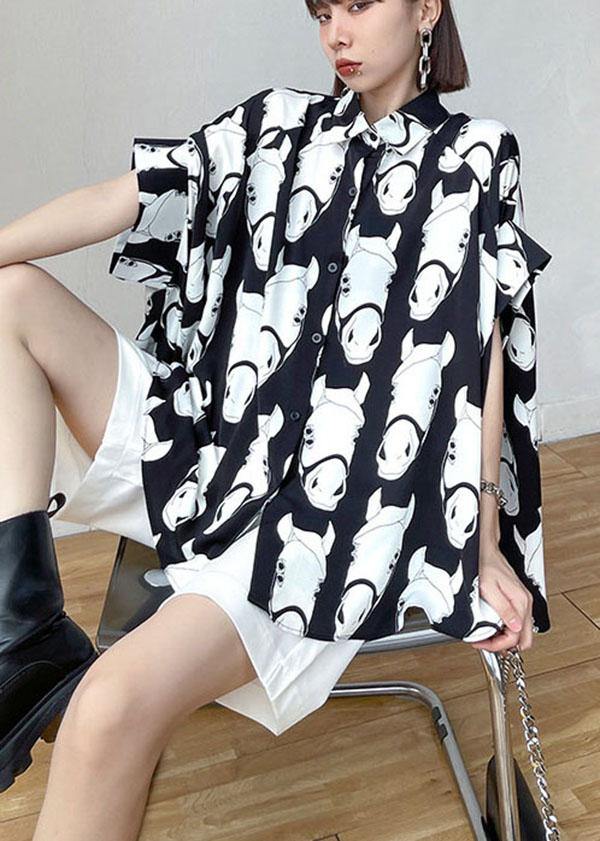 Loose Black Peter Pan Collar Low High Animal Picture Cardigans