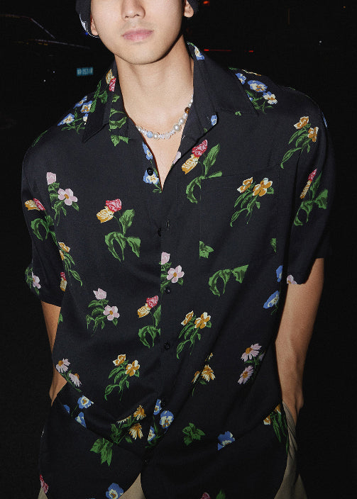 Loose Black Peter Pan Collar Print Cotton Shirt Summer