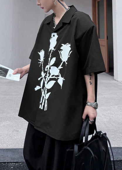 Loose Black Peter Pan Collar Print Cotton Shirts Summer