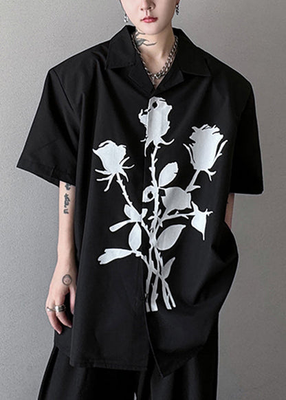 Loose Black Peter Pan Collar Print Cotton Shirts Summer
