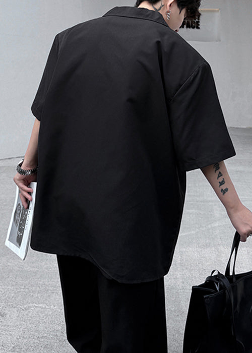 Loose Black Peter Pan Collar Print Cotton Shirts Summer