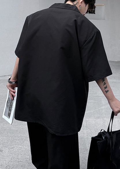 Loose Black Peter Pan Collar Print Cotton Shirts Summer