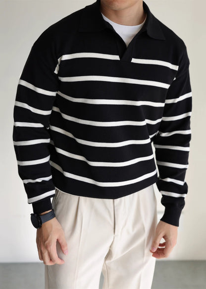 Loose Black Peter Pan Collar Striped Knit Sweater Spring