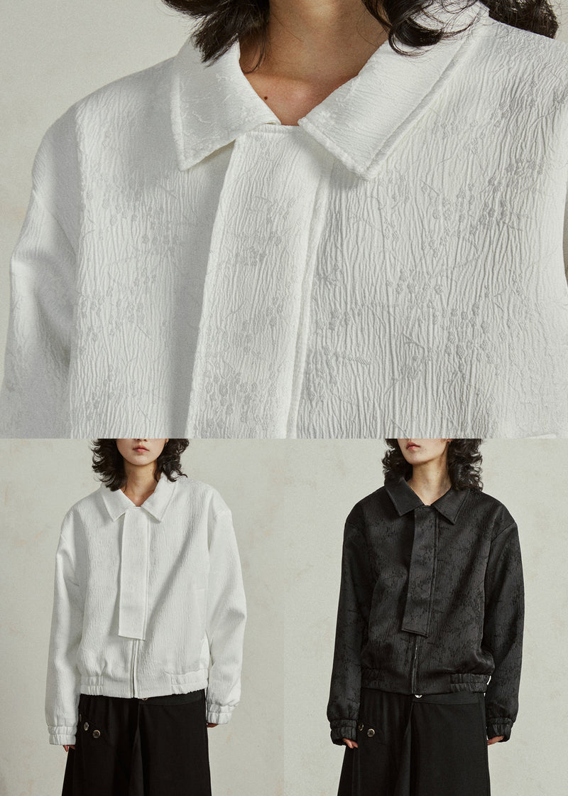 Loose Black Peter Pan Collar Zippered Silk Coats Fall