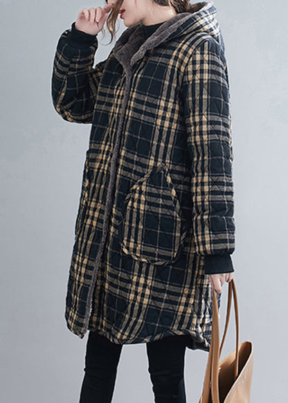 Loose Black Plaid Hooded Pockets Warm Fleece Parka Winter