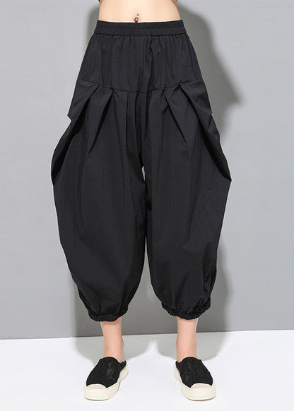 Loose Black Pockets Elastic Waist Crop Pants Fall