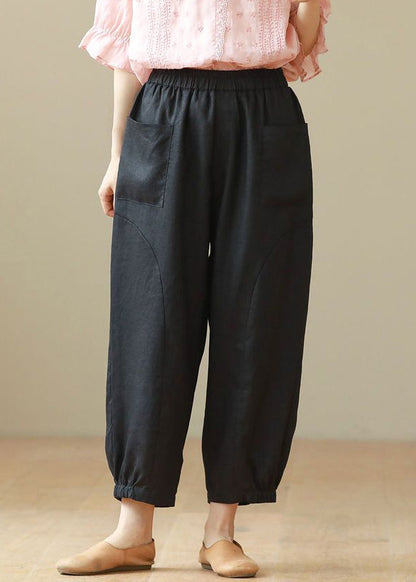 Loose Black Pockets High Waist Cotton Crop Pants