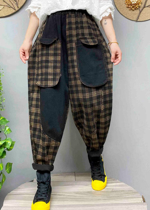Loose Black Pockets Plaid Denim Pants Spring