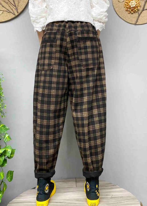 Loose Black Pockets Plaid Denim Pants Spring