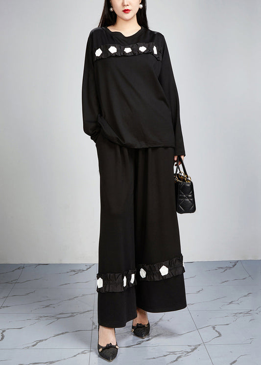 Loose Black Pockets Tops and Wide Leg Pants Cotton Two-piece Set Fall
