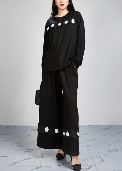 Loose Black Pockets Tops and Wide Leg Pants Cotton Two-piece Set Fall