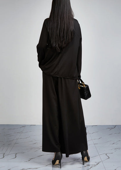 Loose Black Pockets Tops and Wide Leg Pants Cotton Two-piece Set Fall