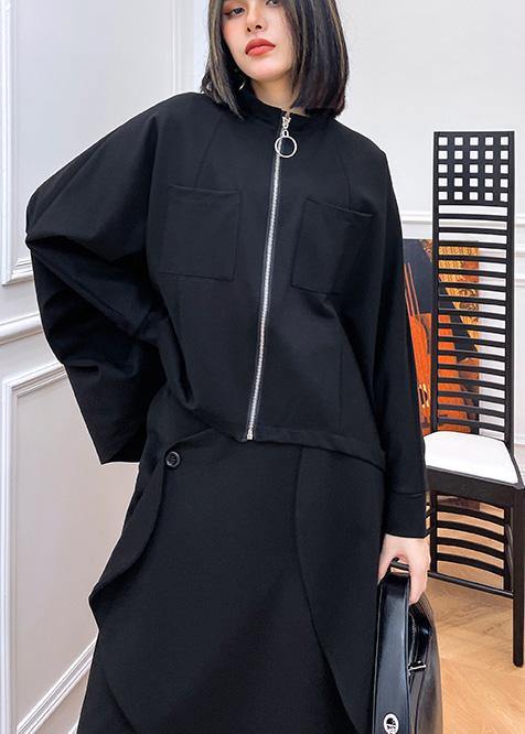 Loose Black Pockets Zippered Jackets Spring