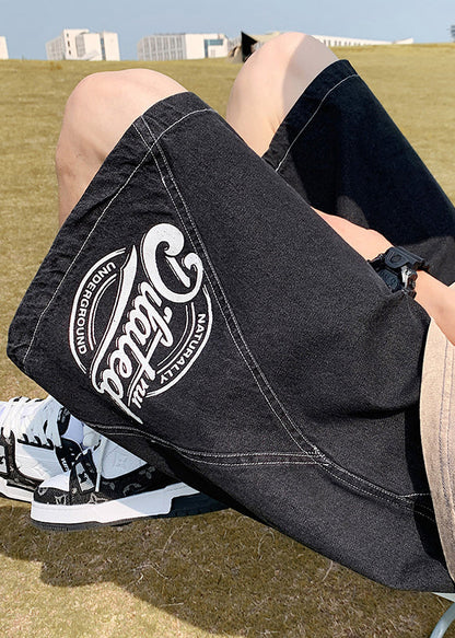 Loose Black Print Elastic Waist Denim Shorts Summer