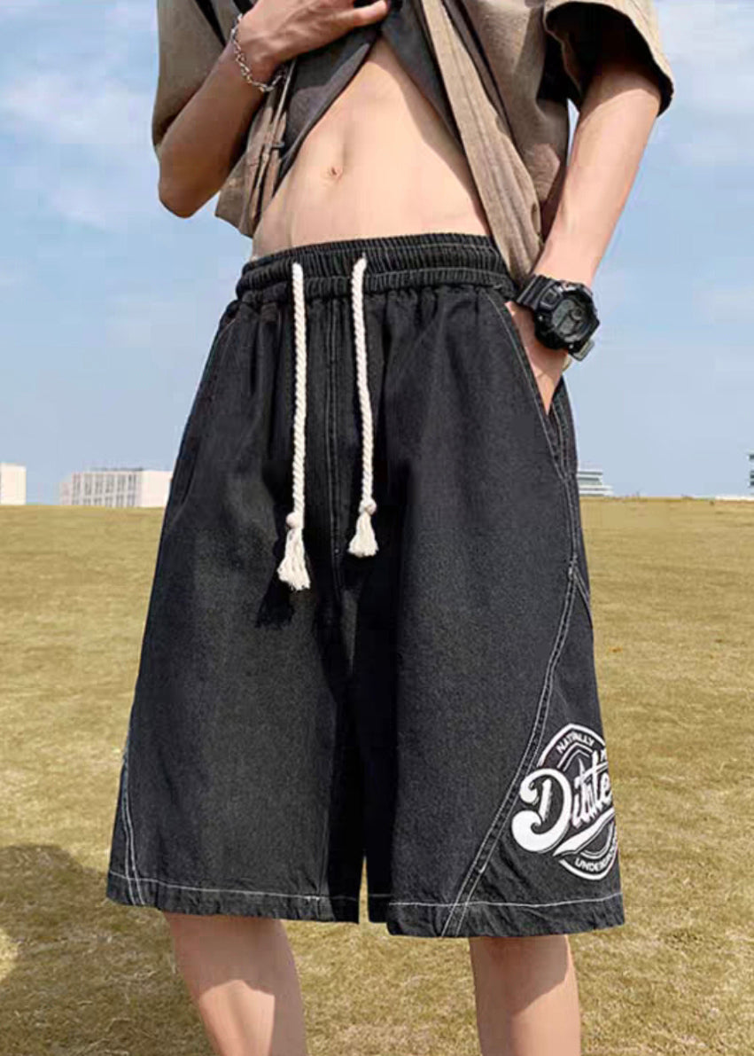 Loose Black Print Elastic Waist Denim Shorts Summer