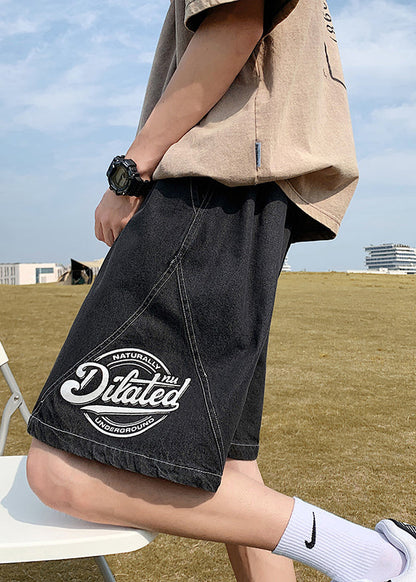 Loose Black Print Elastic Waist Denim Shorts Summer
