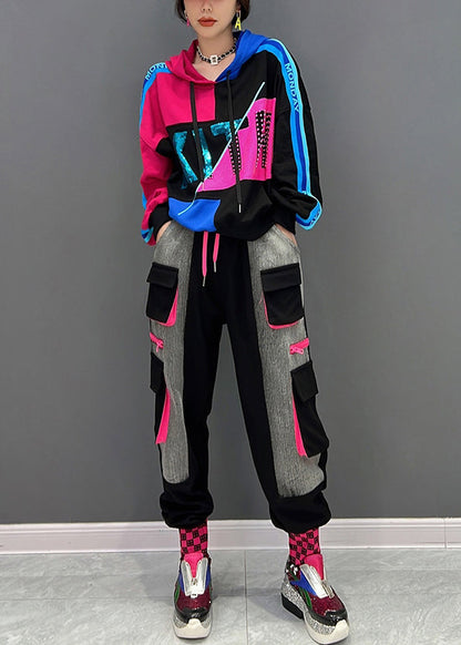 Loose Black Print Hooded Pullover and Pants Two Pieces Set Fall