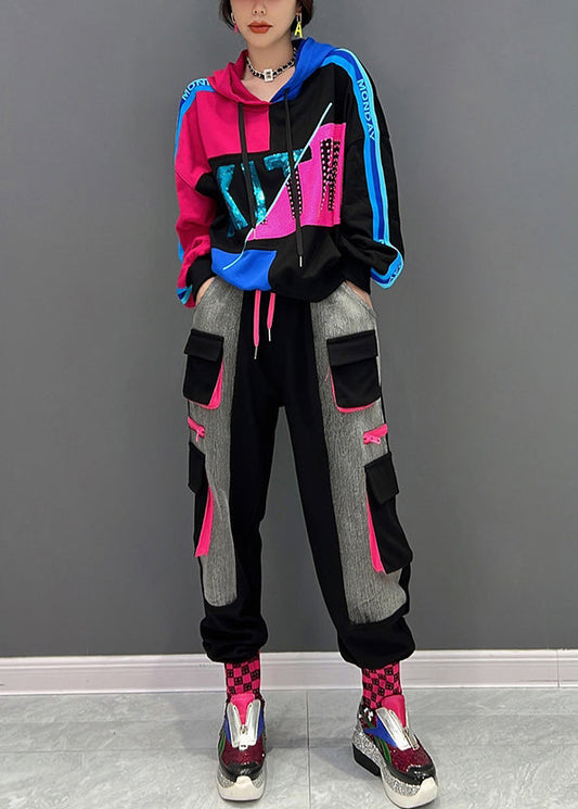 Loose Black Print Hooded Pullover and Pants Two Pieces Set Fall