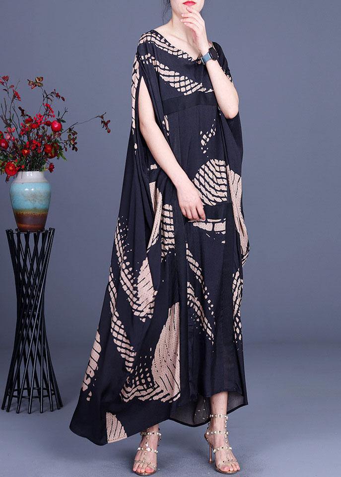 Loose Black Print O-neck Batwing Sleeve Silk Dresses Summer