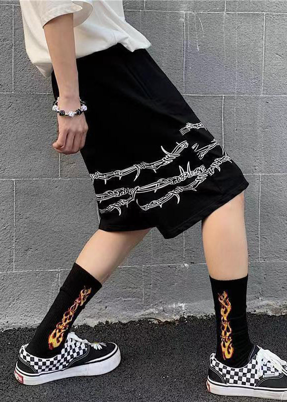 Loose Black Print Pockets Elastic Waist Cotton Shorts Summer