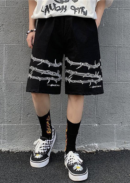 Loose Black Print Pockets Elastic Waist Cotton Shorts Summer