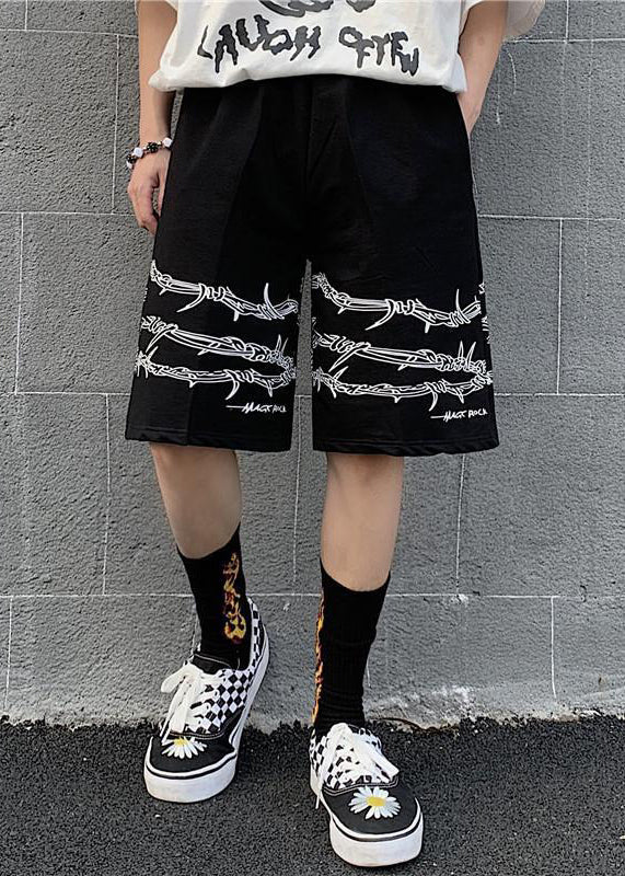 Loose Black Print Pockets Elastic Waist Cotton Shorts Summer
