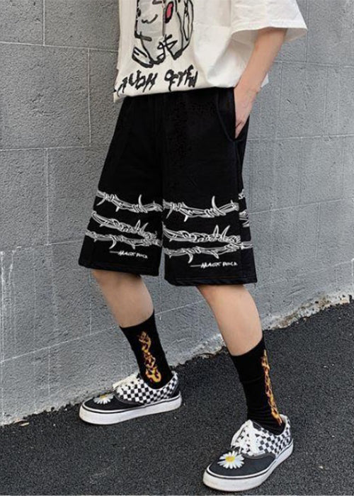 Loose Black Print Pockets Elastic Waist Cotton Shorts Summer