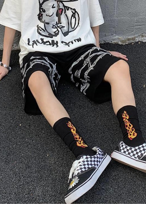 Loose Black Print Pockets Elastic Waist Cotton Shorts Summer