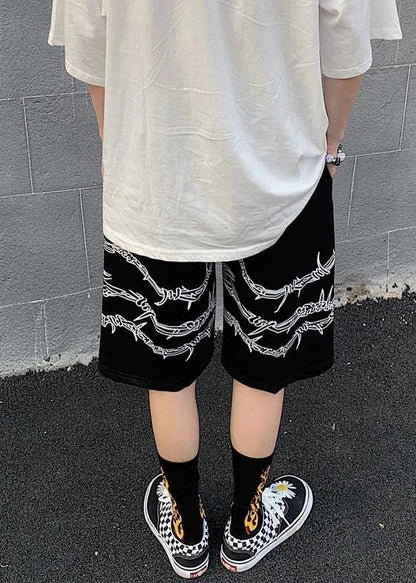 Loose Black Print Pockets Elastic Waist Cotton Shorts Summer