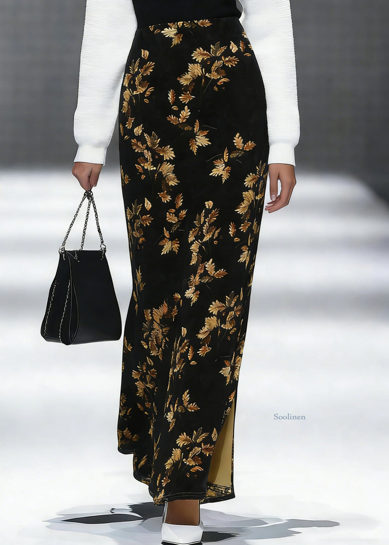 Loose Black Print Side Open Silk Velvet Skirt Spring