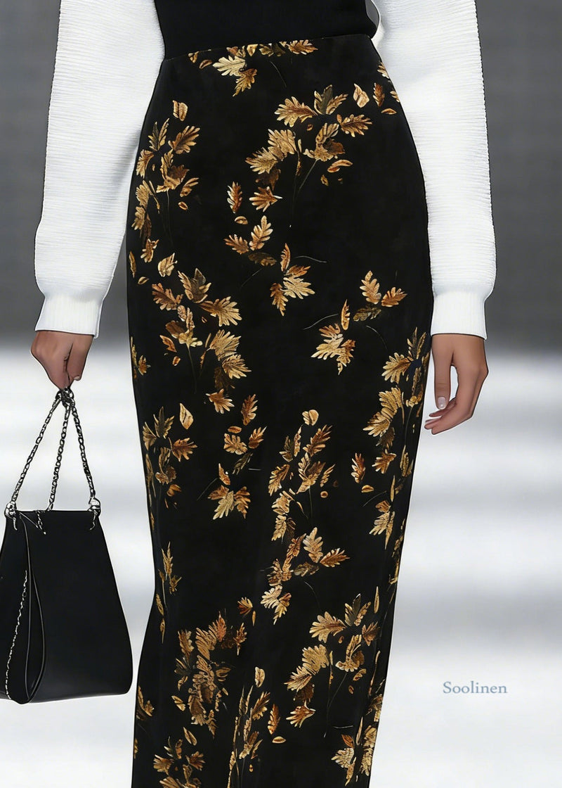 Loose Black Print Side Open Silk Velvet Skirt Spring