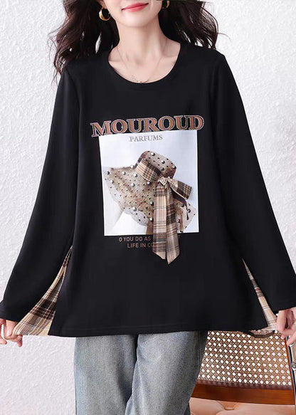 Loose Black Print Zircon Plaid Patchwork Cotton T Shirts Fall