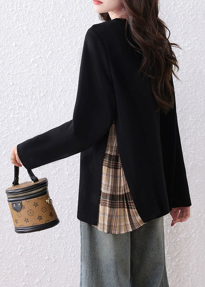Loose Black Print Zircon Plaid Patchwork Cotton T Shirts Fall