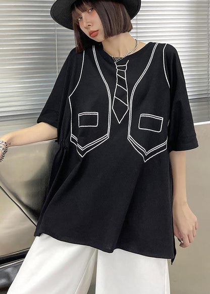 Loose Black Print Low High Design Tops Summer