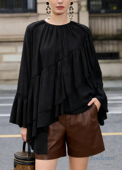 Loose Black Ruffled Asymmetrical Patchwork Chiffon Top Spring