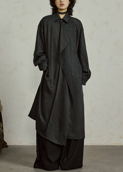 Loose Black Ruffled Tie Waist Cotton Shirts Coat Fall