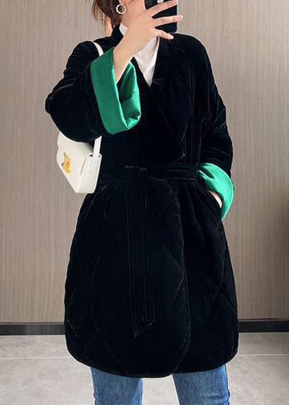 Loose Black Sashes Pockets Patchwork Fine Cotton Filled Velour Coat Winter