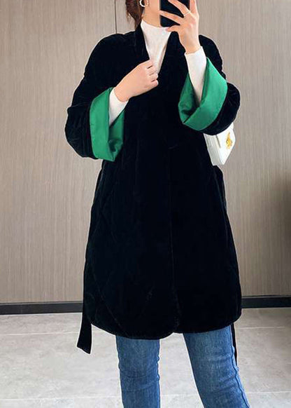 Loose Black Sashes Pockets Patchwork Fine Cotton Filled Velour Coat Winter